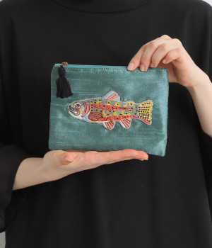フィッシュ刺繍ポーチ(ターコイズ-ONESIZE)