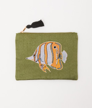 フィッシュ刺繍ポーチ(カーキ-ONESIZE)