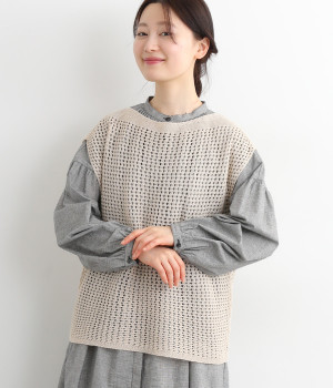 さらっと和紙ホールガーメント(R)ニット透かし柄ベスト(ベージュ-ONESIZE)