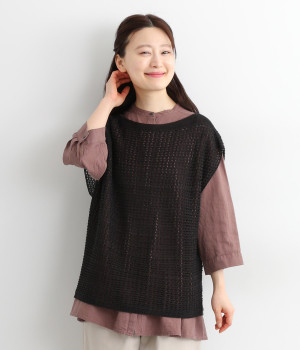 さらっと和紙ホールガーメント(R)ニット透かし柄ベスト(ブラック-ONESIZE)