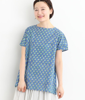BAGRUブロックプリントコットンブラウス(ブルー-ONESIZE)