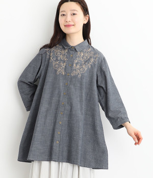 野菜とお花の刺繍シャンブレーロングシャツ(ネイビー-ONESIZE)
