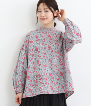 フラワーボーダーブロックプリントブラウス(グリーン-ONESIZE)