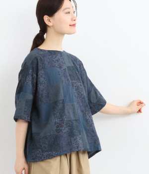 shikakuiパッチワークルーズブラウス(ネイビー-ONESIZE)
