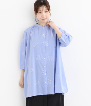 バード刺繍コットンロングシャツ(ブルー-ONESIZE)