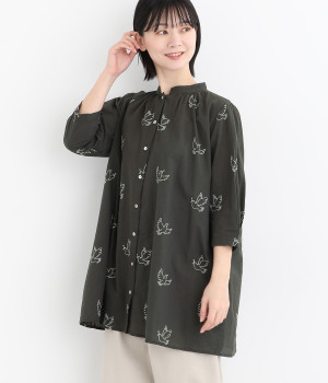 バード刺繍コットンロングシャツ(チャコール-ONESIZE)