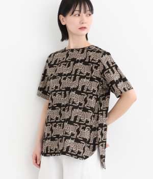 CHIZURI CATプリントコットンブラウス(ブラック-ONESIZE)