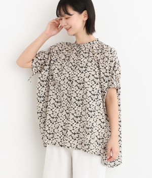 ボタニカルフラワープリントコットンロングブラウス(ブラック-ONESIZE)