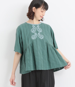ペイズリー柄ラクノウ風刺繍ギャザーブラウス(ターコイズ-ONESIZE)