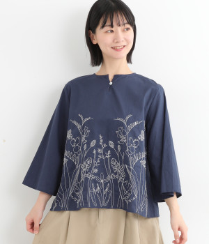 ボタニカル刺繍コットンブラウス(ネイビー-ONESIZE)