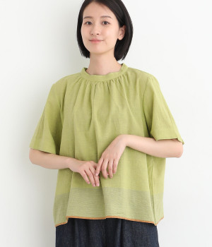 カディ・グラデーションボーダー・セルビッチギャザーブラウス(マスタード-ONESIZE)