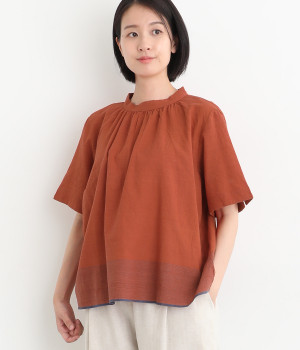 カディ・グラデーションボーダー・セルビッチギャザーブラウス(レッド-ONESIZE)