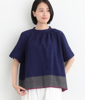 カディ・グラデーションボーダー・セルビッチギャザーブラウス(ネイビー-ONESIZE)