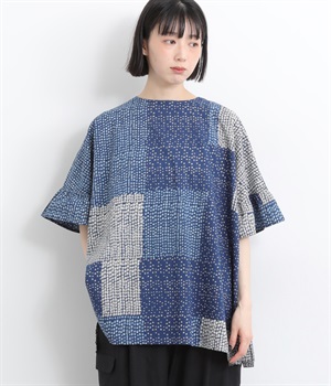 ドットパッチワークプリントコットンチュニック(ネイビー-ONESIZE)