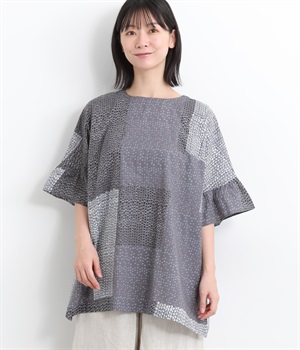 ドットパッチワークプリントコットンチュニック(ブラック-ONESIZE)