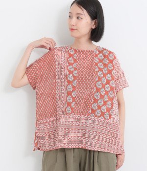 ブロックプリントパッチワークコットンブラウス(レッド-ONESIZE)