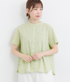 リーフプリントコットンサッカーブラウス(グリーン-ONESIZE)