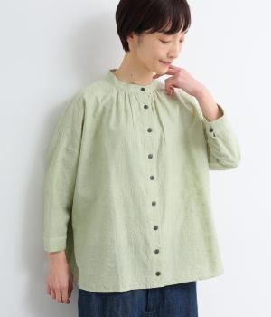 ペイズリーと小花柄刺繍コットンギャザーブラウス(グリーン-F)