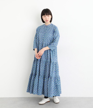 BAGRUブロックプリントコットンワンピース(ブルー-ONESIZE)