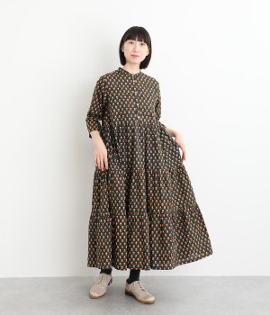 BAGRUブロックプリントコットンワンピース(ブラック-ONESIZE)