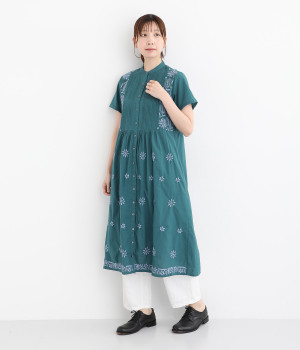 ラクノウ刺繍コットンシャツワンピース(ブルー-ONESIZE)