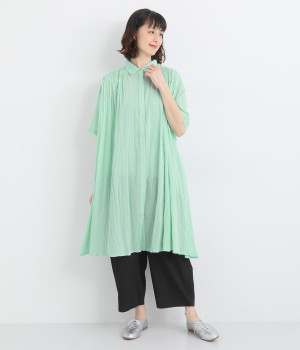 ピンタック＆クリンクルシャツワンピース(ブルー-ONESIZE)