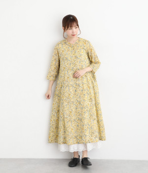 IROIROブロックプリントコットン前開ワンピース(イエロー-ONESIZE)