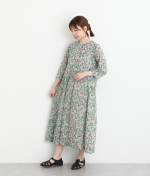 IROIROブロックプリントコットン前開ワンピース(グリーン-ONESIZE)