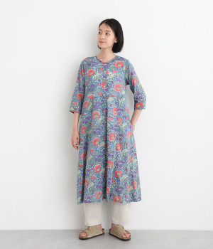 IROIROブロックプリントコットン前開ワンピース(ブルー-ONESIZE)
