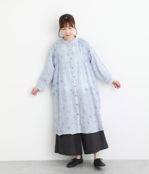 オーガニックコットン小さいnaname-tate dotプリントピンタック・ワンピース(ブルー-ONESIZE)