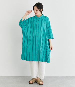 shima-shimaドビー・クリンクルシャツワンピース(ターコイズ-ONESIZE)