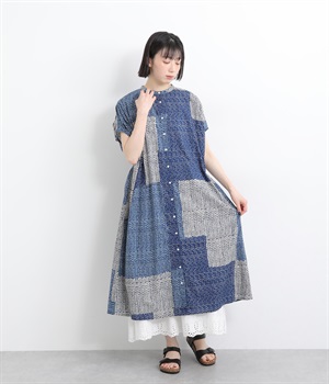 ドットパッチワークプリントコットンワンピース(ネイビー-ONESIZE)