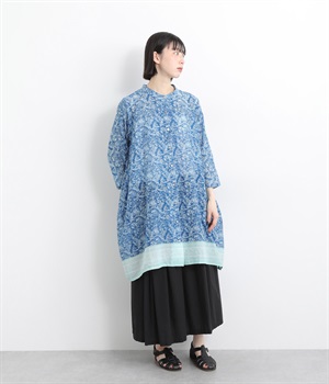 sawayaka更紗プリントシャツワンピース(ネイビー-ONESIZE)