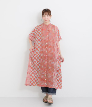 ブロックプリントパッチワークコットンワンピース(レッド-ONESIZE)