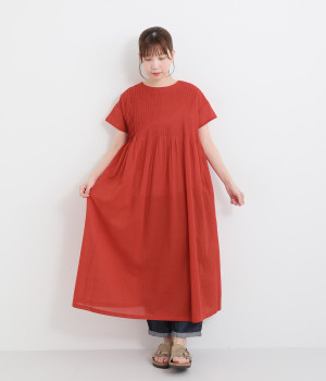 ピンタックコットンワンピース(レッド-ONESIZE)