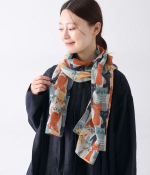 ウールネコ柄プリントショール(グレー-ONESIZE)