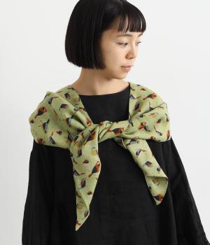 小鳥プリントミニショール(カーキ-ONESIZE)