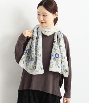 ウール花柄刺繍ショール(グレー-ONESIZE)