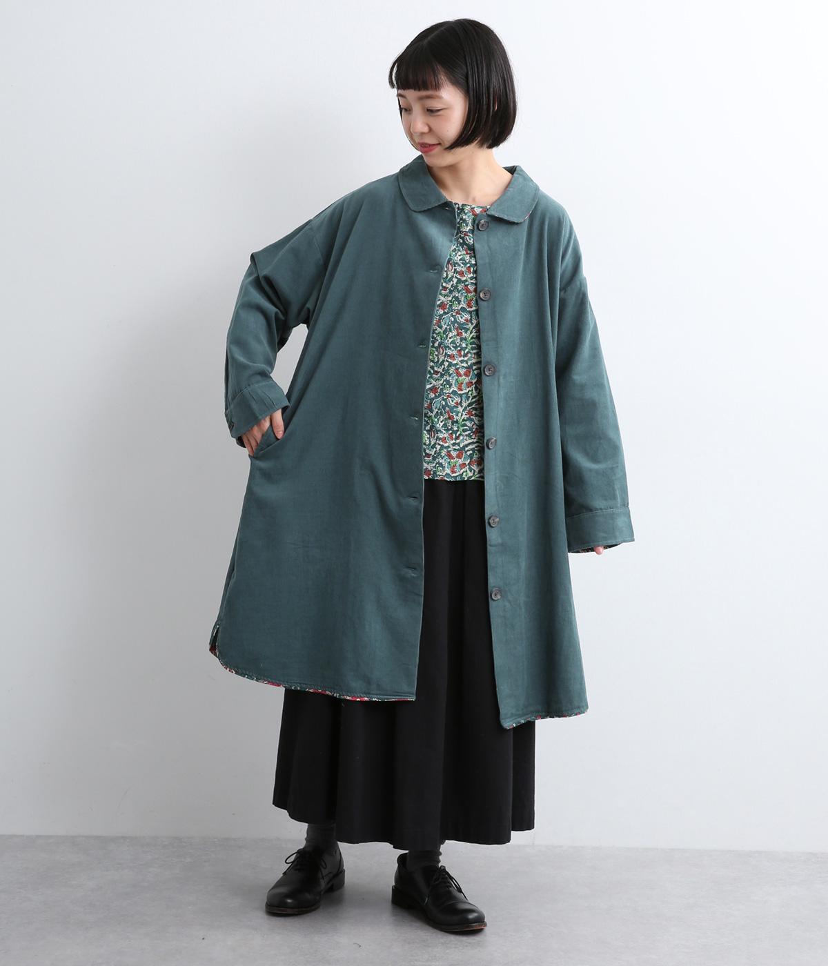 コーデュロイとお花ブロックプリントラフコート(ブルー-F)