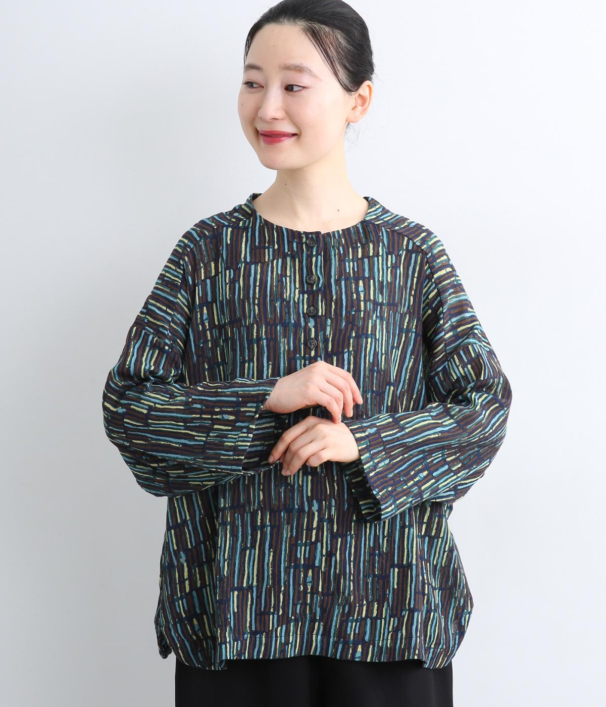 五月雨プリント・クレープコットンブラウス(ネイビー-ONESIZE)