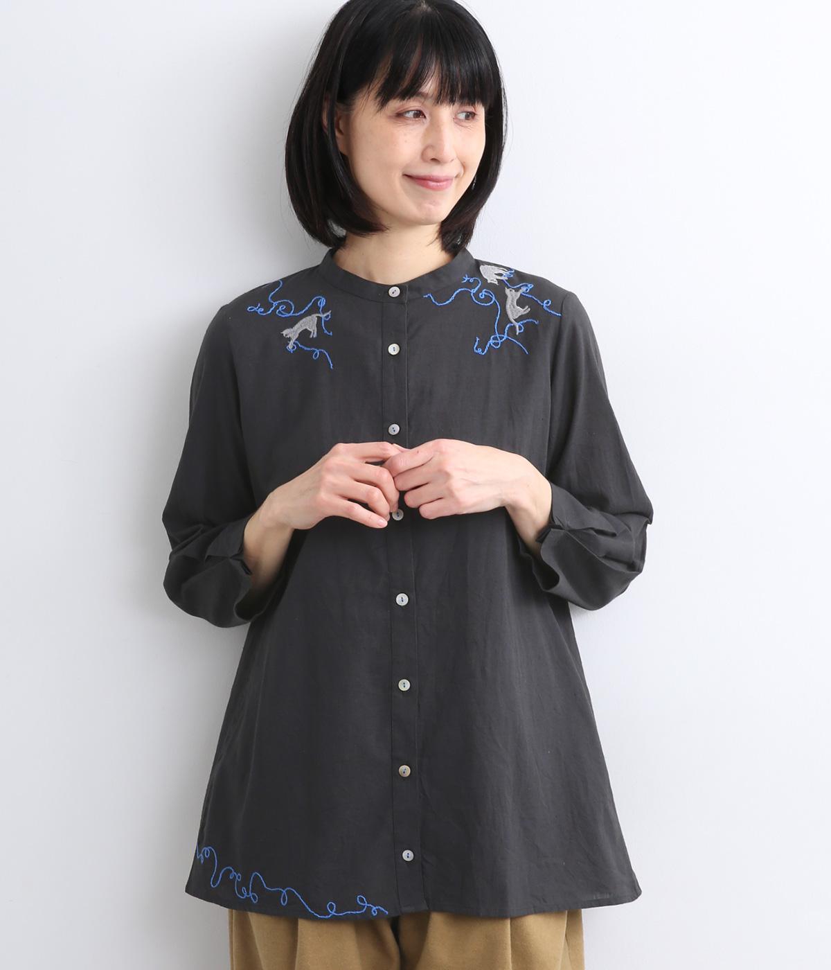 CAT刺繍コットンリネンロングブラウス(ブラック-ONESIZE)