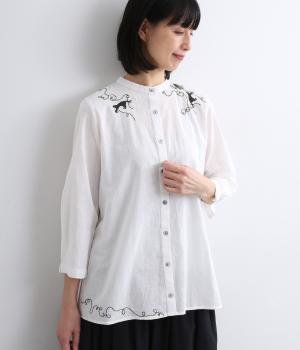 CAT刺繍コットンリネンロングブラウス(ホワイト-ONESIZE)