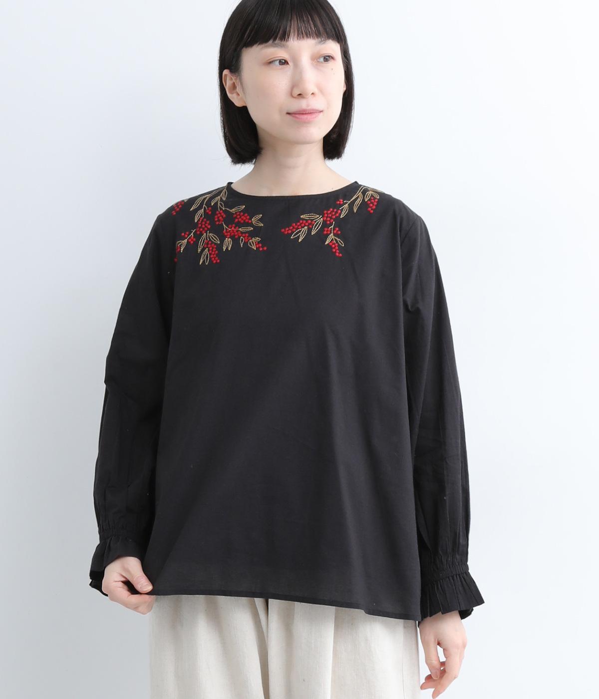 刺繍コットンキャンブリックブラウス(ブラック-ONESIZE)