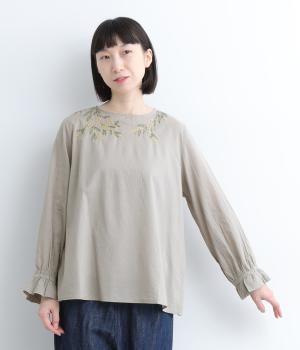 刺繍コットンキャンブリックブラウス(グレー-ONESIZE)