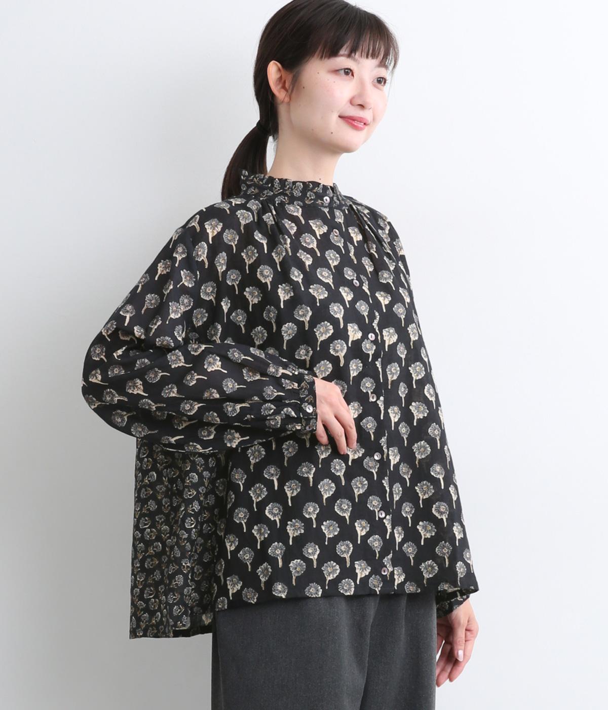 フラワーMIXプリントコットンブラウス(ブラック-ONESIZE)