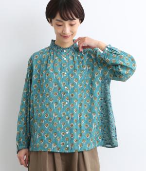 フラワーMIXプリントコットンブラウス(ブルー-ONESIZE)