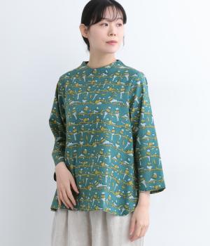 さえずる小鳥さんプリント・カンタ風ドビーボトルネック・ブラウス(ターコイズ-ONESIZE)