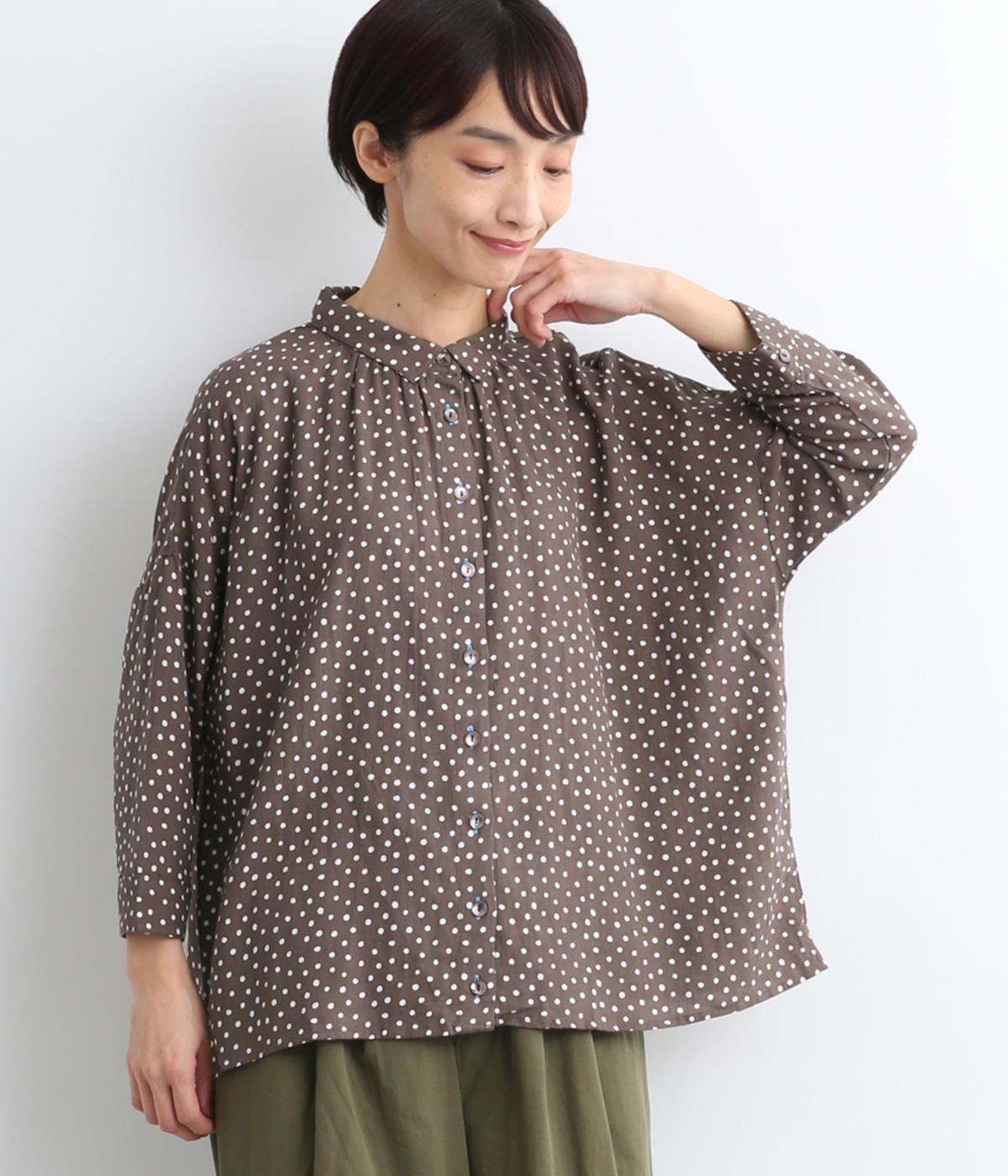 さなポルカドット・ブロックプリント・コットンリネンレーヨンギャザーブラウス(ブラウン-ONESIZE)