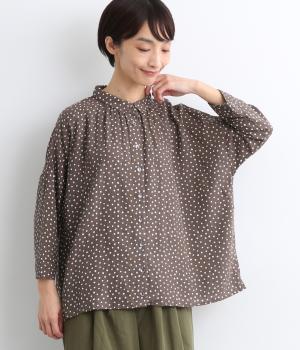 さなポルカドット・ブロックプリント・コットンリネンレーヨンギャザーブラウス(ブラウン-ONESIZE)