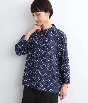 さなポルカドット・ブロックプリント・コットンリネンレーヨンギャザーブラウス(ネイビー-ONESIZE)